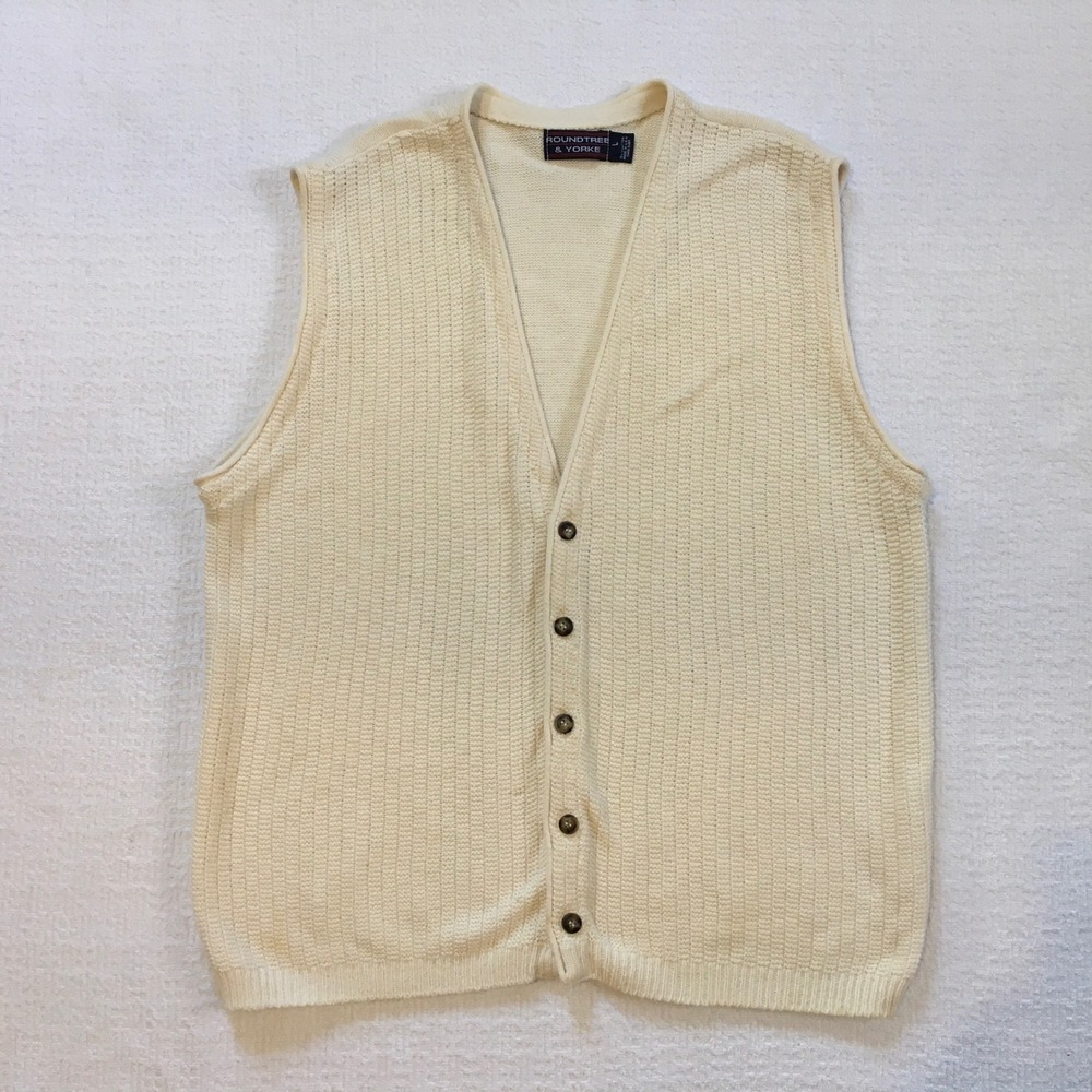 Roundtree Yorke Mens L Cream Knit V Neck Button Sleeveless‎ Vest Sweater Dad